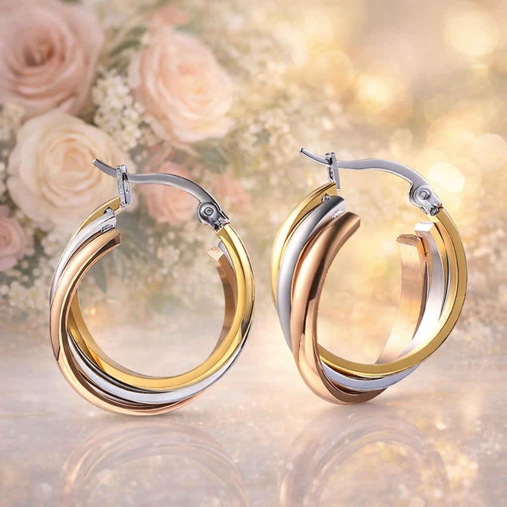 Tri-Tone Pin Catch Triple Hoop Earrings, # DE055 – Della's Designs