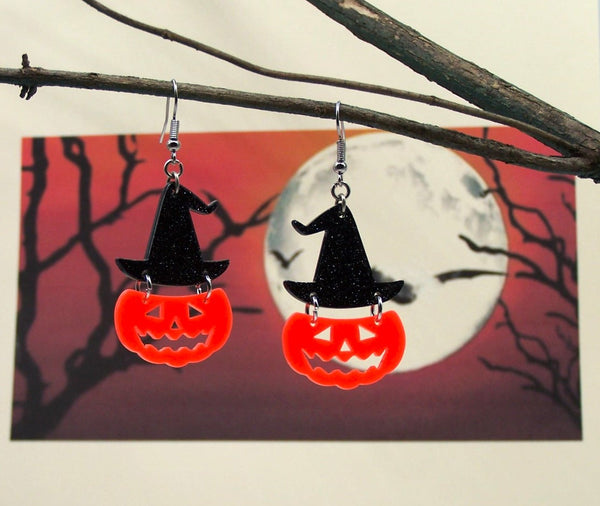 Jack-o-Lantern Wearing a Witch Hat Earrings  #DE093