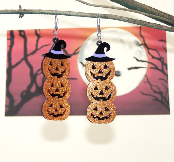 Stacked Jack-o-Lanter Earrings wearing a Witch Hat  #DE094