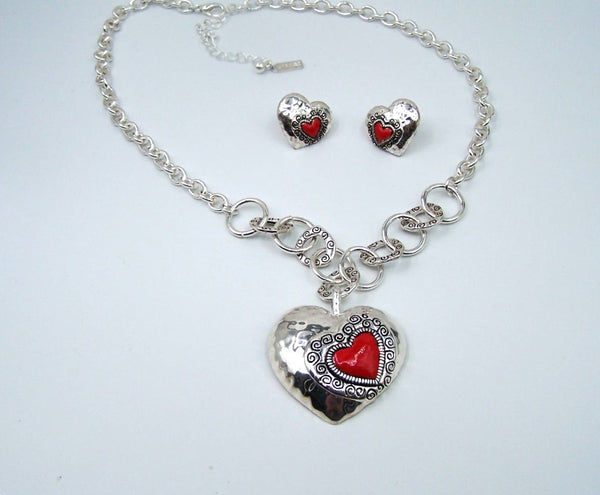 Hammered Textured Heart Necklace & Earring Set  #DN-0215