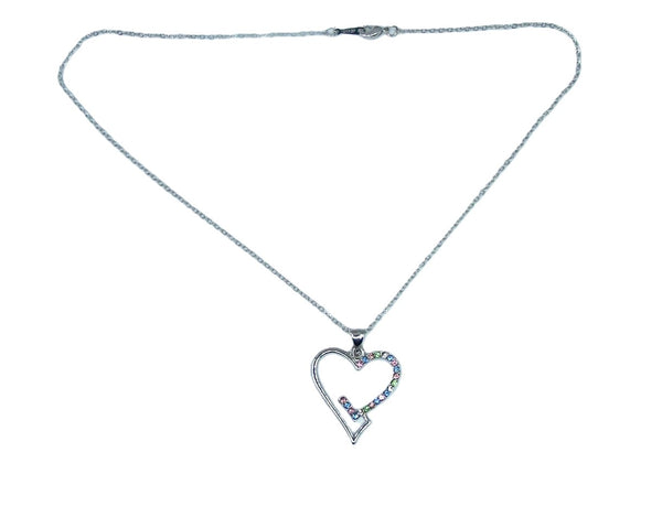 Silver Heart Necklace with Inlaid Pastel Color Stones  #DN- 0218