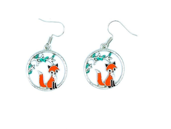 Fox Under a Branch Round Earrings  #DE-0136