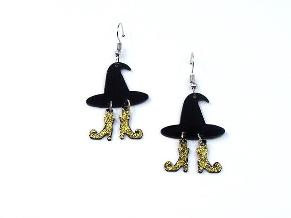 Halloween Witch Hat with Dangling Gold Glittering Shoes Earrings   #DE096