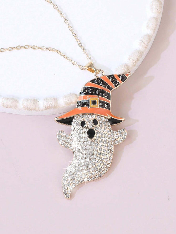 Halloween Ghost wearing Witch Hat Necklace  #DN-0226