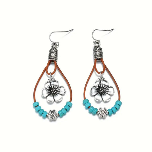 Double Flower, Turquoise Beaded Dangle Earrings #DE-0153