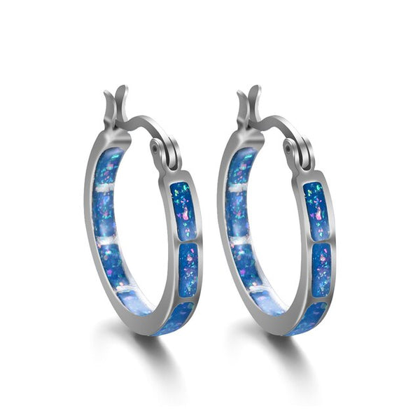 Silver round Hoop Earring with Jewel tone Glitter Inlaid  #DE077