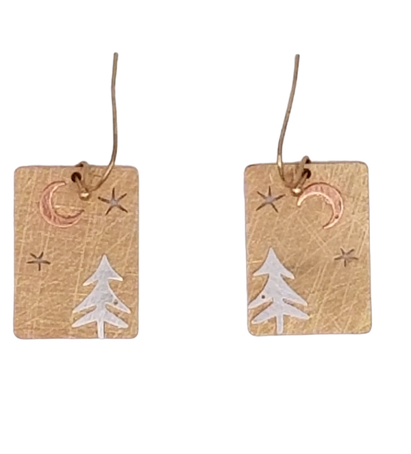 Tree and Moon Earrings, in Patina or Gold, #DE-0176