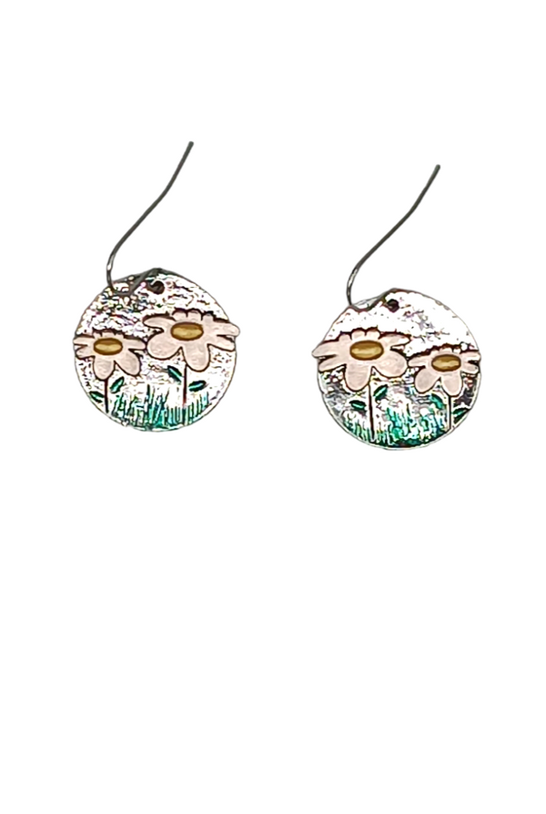 Round Double Flower Disk Earrings   #DE061