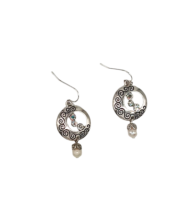 Round Rhodium Silver Earrings with Crystals & Pearl   #DE080