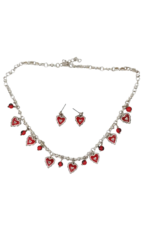 Red Heart and Beaded Necklace & Earrings Set  #DN-00216