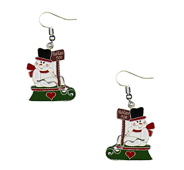 Snowman on a Sled Dangle Earrings  #DE0114