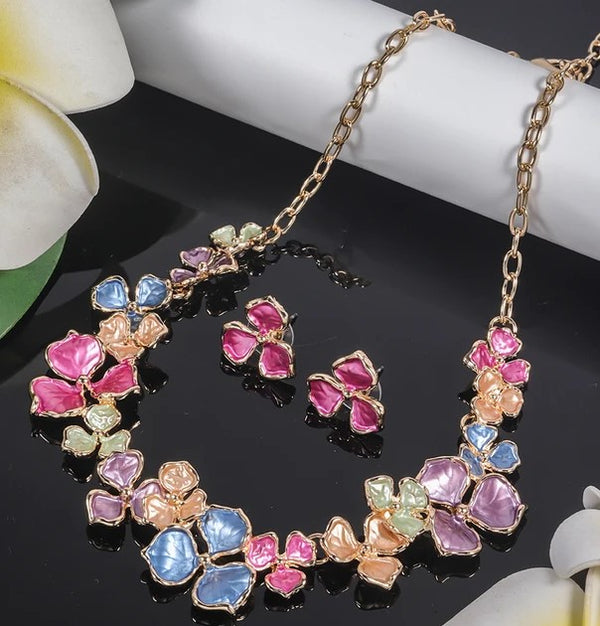 Multi Color Flower Necklace & Earring Set  #DNE-0222