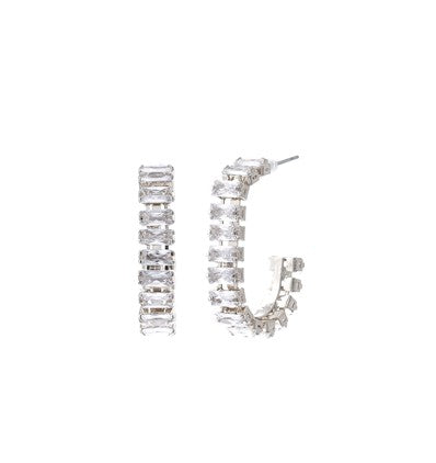 Silver Rhodium Hoop Earrings with Cubic Zirconia Baguette Cut Stones  #DE072