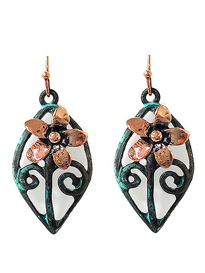 Teardrop Flower Earrings in Copper and Patina  #DE-0143