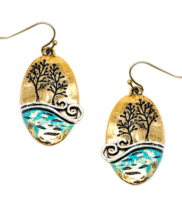 Tree with Water Waves Earrings  #DE087