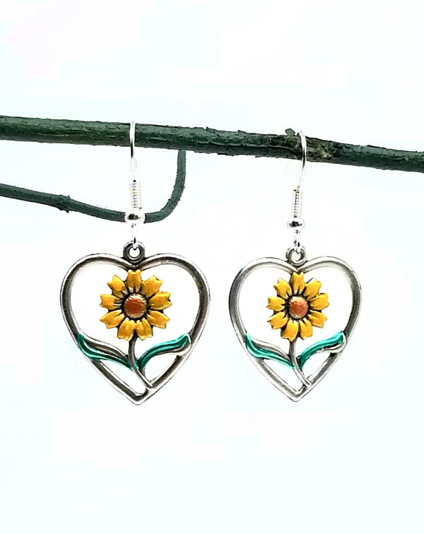 Sunflower in a Heart Setting Earrings,   #DE051