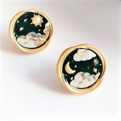 Celestial Style Post Earrings with the Sun, Moon, & Clouds   #DE044